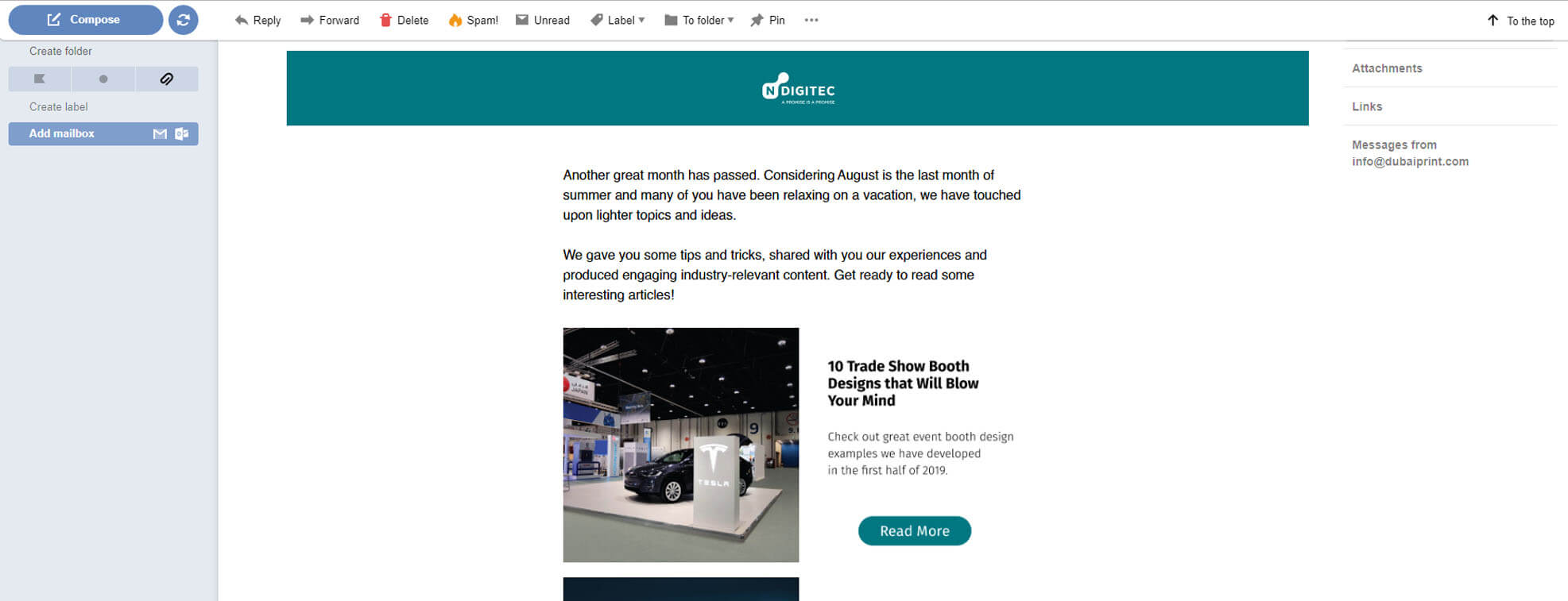 Screenshot of an NDIGITEC email marketing campaign